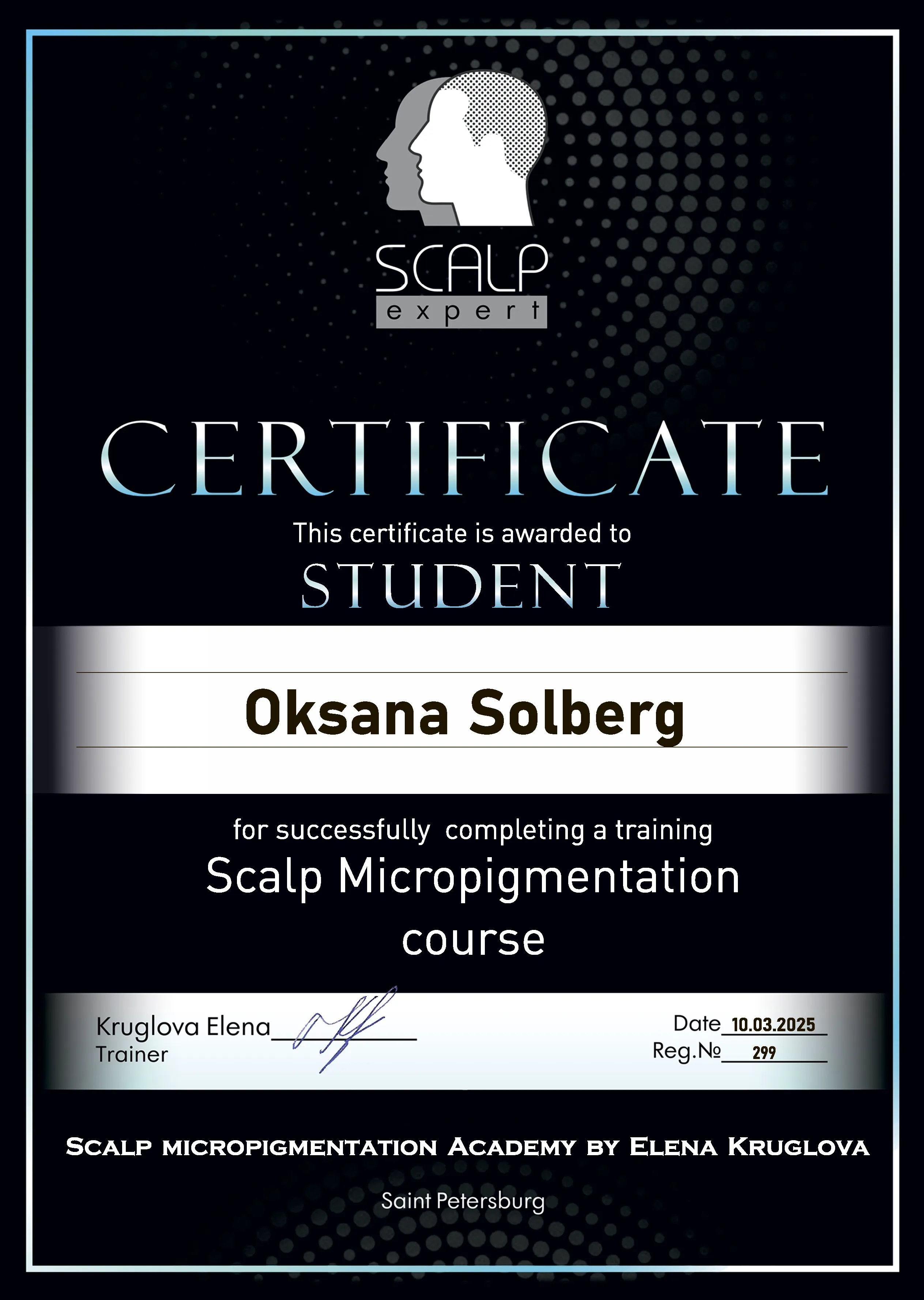 Sertifikat i Scalp Micropigmentation tildelt Oksana Solberg